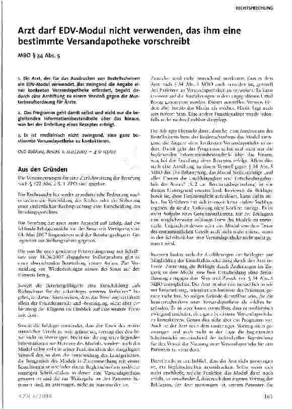 Vorschauseite 1: Arzt darf EDV-Modul nicht verwenden, das ihm eine bestimmte Versandapotheke vorschreibt