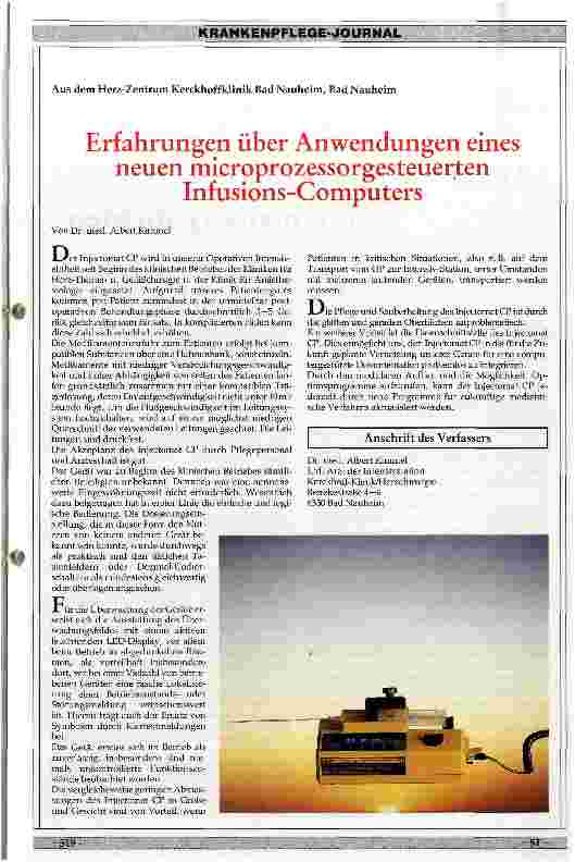Vorschauseite 1: Erfahrungen über Anwendungen eines neuen microprozessorgesteuerten Infusionscomputer
