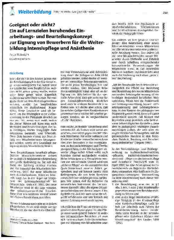 Vorschauseite 1: Geeignet oder nicht? Ein auf Lernzielen beruhendes Einarbeitungsund Berurteilungskonzept zur Eignung von Bewerbern für die Weiterbildung Intensivpflege und Anästhesie