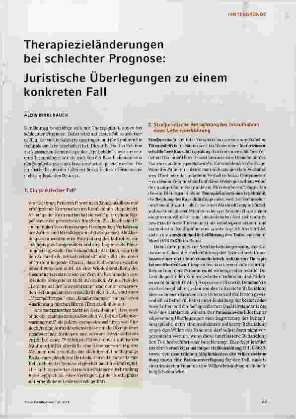 Vorschauseite 1: Therapiezieländerungen bei schlechter Prognose: Juristische Überlegungen zu einem konkreten Fall