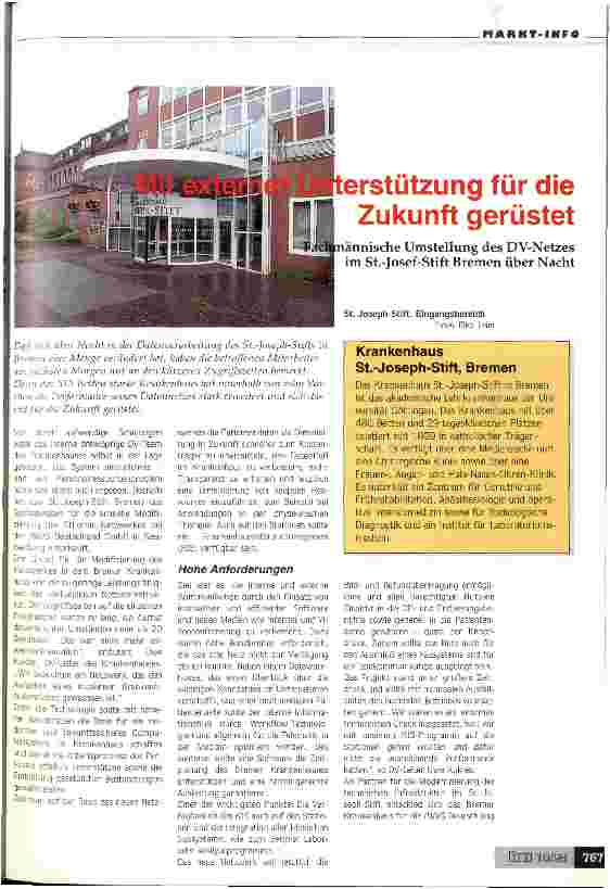 Vorschauseite 1: Mit exterber Unterstützung für die Zukunft gerüstet Fachmännische Umstellung des DV-Netzes im St.-Jose-Stift Bremen