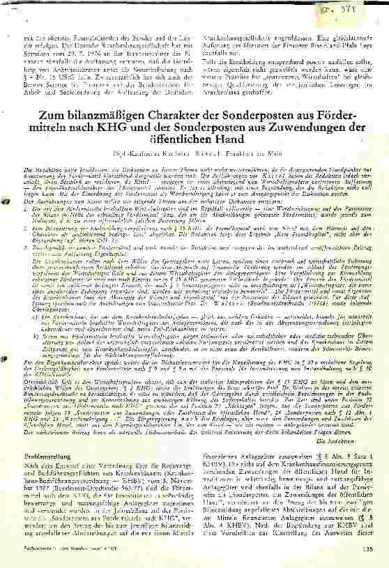 Vorschauseite 1: Zum bilanzmäßigen Charakter der Sonderposten aus Förderungsmitteln nach dem KHG und der Sonderposten aus Zuwendung der öffentlichen Hand