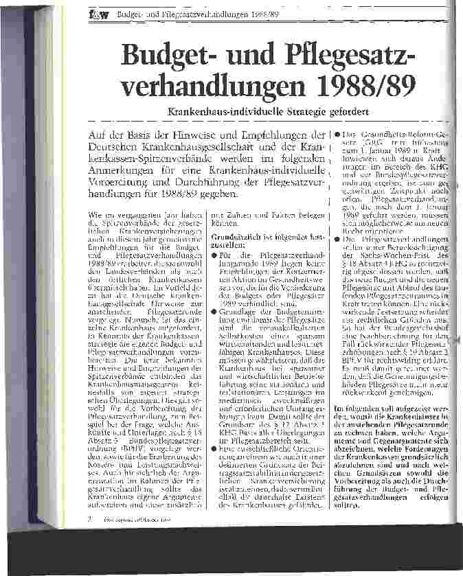 Vorschauseite 1: Budgetund Pflegesatzverhandlungen 1988/89 Krankenhaus-individuelle Strategie gefordert
