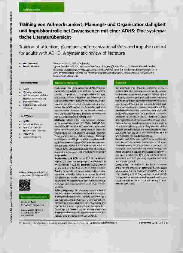 Vorschauseite 1: Training von Aufmerksamkeit, Planungsund Organisationsfähigkeit und Impulskontrolle bei Erwachsenen mit einer ADHS: Eine systematische Literaturübersicht