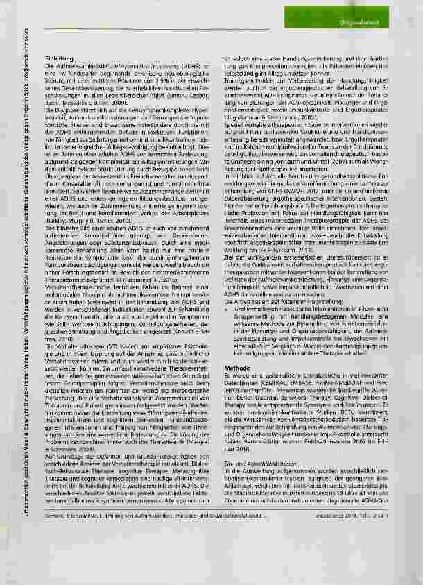 Vorschauseite 2: Training von Aufmerksamkeit, Planungsund Organisationsfähigkeit und Impulskontrolle bei Erwachsenen mit einer ADHS: Eine systematische Literaturübersicht