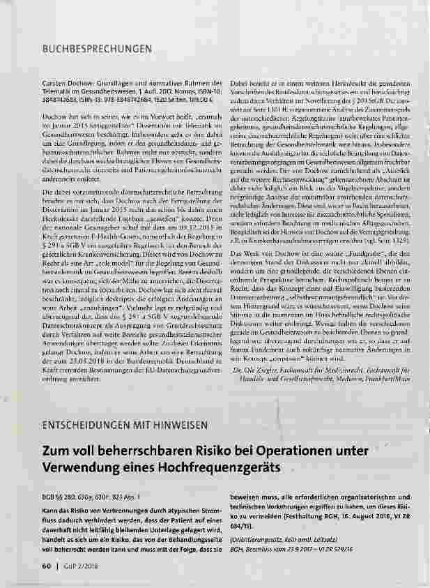 Vorschauseite 1: Zum voll beherrschbaren Risiko bei Operationen unter Verwendung eines Hochfrequenzgeräts