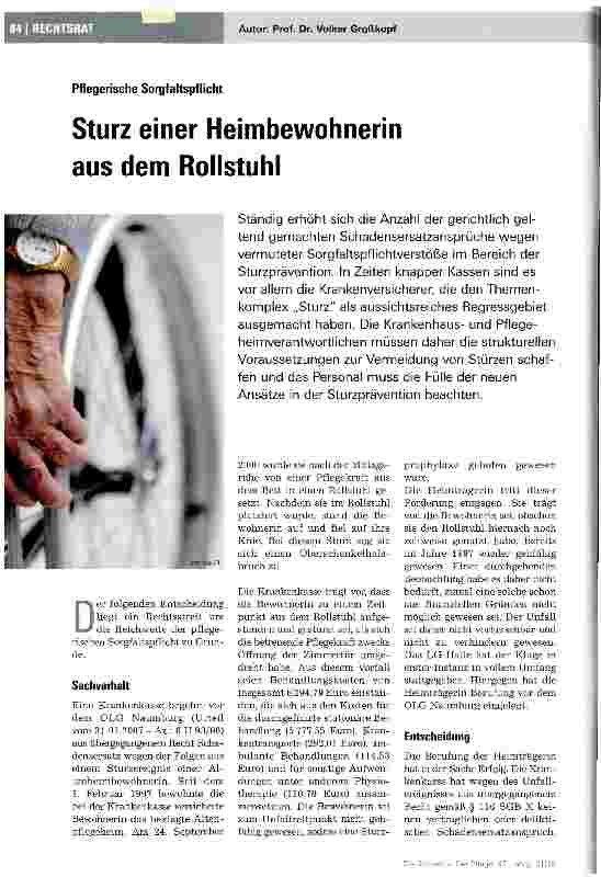 Vorschauseite 1: Sturz einer Heimbewohnerin aus dem Rollstuhl