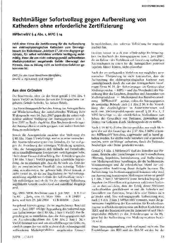 Vorschauseite 1: Rechtmäßiger Sofortvollzug gegen Aufbereitung von Kathedern ohne erforderliche Zertifizierung