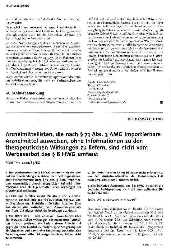 Vorschauseite 1: Arzneimittellisten, die nach § 73 Abs. 3 AAAG importierbare Arzneimittel ausweisen, ohne Informationen zu den therapeutischen Wirkungen zu liefern, sind nicht vom Werbeverbot des…