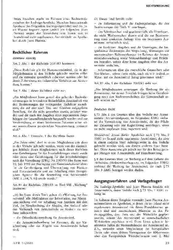Vorschauseite 2: Arzneimittellisten, die nach § 73 Abs. 3 AAAG importierbare Arzneimittel ausweisen, ohne Informationen zu den therapeutischen Wirkungen zu liefern, sind nicht vom Werbeverbot des…