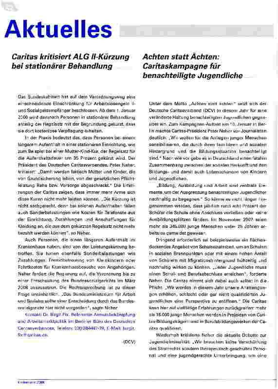 Vorschauseite 1: Caritas kritisiert ALG H-Kürzung bei stationärer Behandlung
