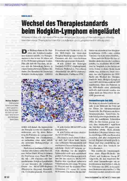 Vorschauseite 1: Wechsel des Therapiestandards beim Hodgkin-Lymphom eingeläutet