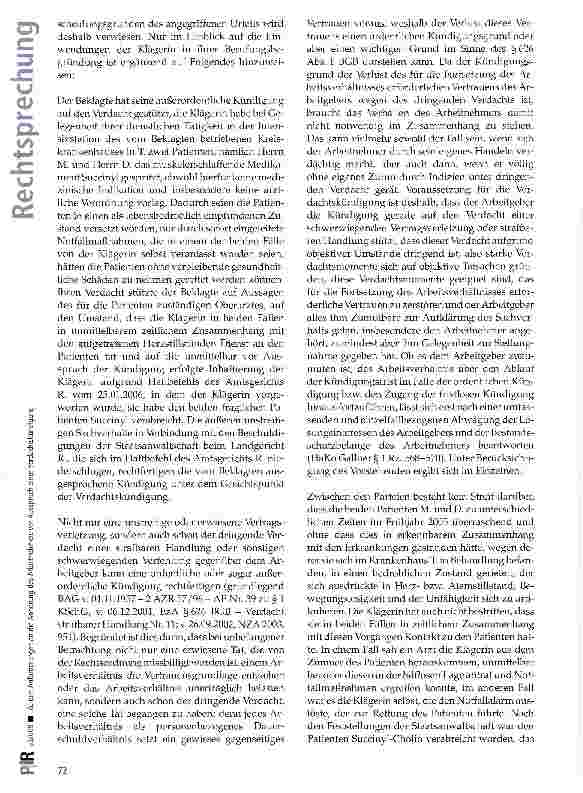 Vorschauseite 4: Zu den Anforderungen an die Anhörung des Arbeitnehmers vor Ausspruch einer Verdachtskündigung