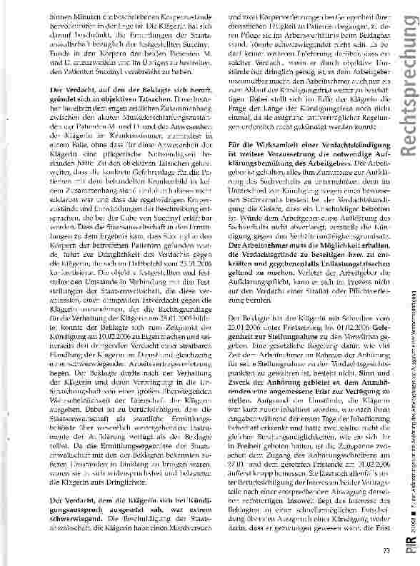 Vorschauseite 5: Zu den Anforderungen an die Anhörung des Arbeitnehmers vor Ausspruch einer Verdachtskündigung