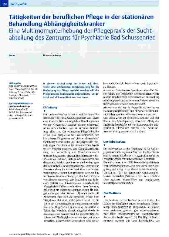 Vorschauseite 1: Tätigkeiten der beruflichen Pflege in der stationären Behandlung AbhängigkeitskrankerEine Multimomenterhebung der Pflegepraxis der Suchtabteilung des Zentrums für Psychiatrie Bad…