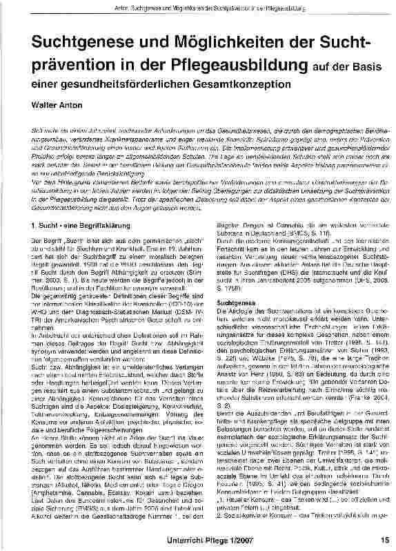 Vorschauseite 1: Suchtgenese und Möglichkeiten der Suchtprävention in der Pflegeausbildung auf der Basis einer gesundheitsförderlichen Gesamtkonzeption