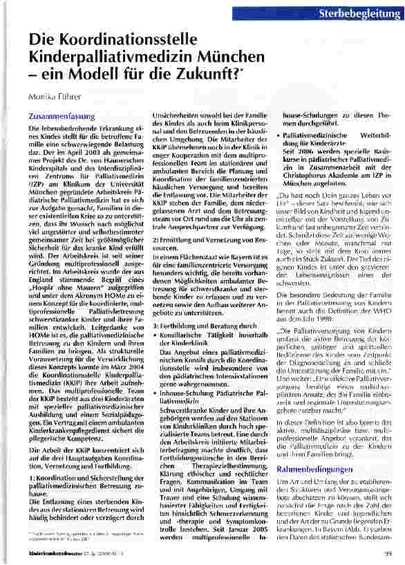 Vorschauseite 1: Die Koordinationsstelle Kinderpalliativmedizin München - ein Modell für die Zukunft?