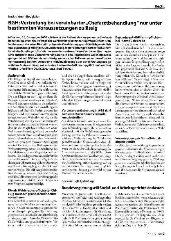 Vorschauseite 1: BGH: Vertretung bei vereinbarter „Chefarztbehandlung nur unter bestimmten Voraussetzungen zulässig