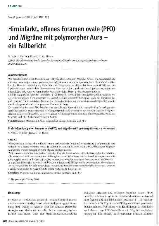 Vorschauseite 1: Hirninfarkt, offenes Foramen ovale (PFO) und Migräne mit polymorpher Aura -ein Fallbericht