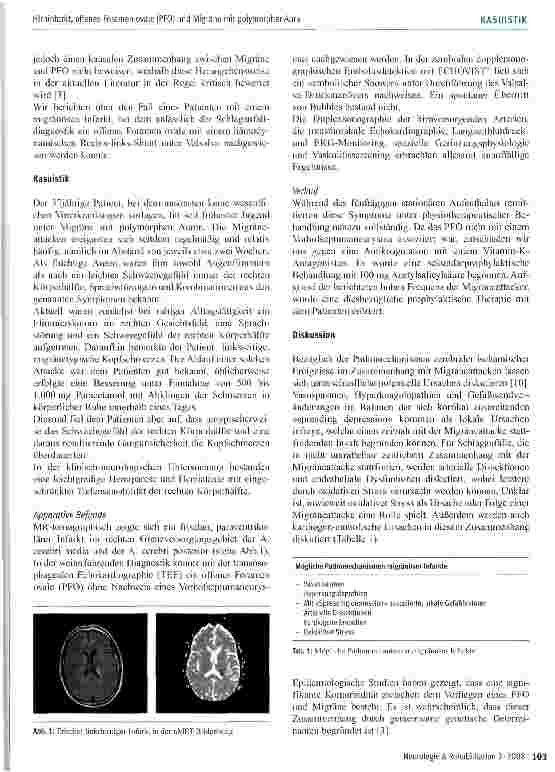 Vorschauseite 2: Hirninfarkt, offenes Foramen ovale (PFO) und Migräne mit polymorpher Aura -ein Fallbericht