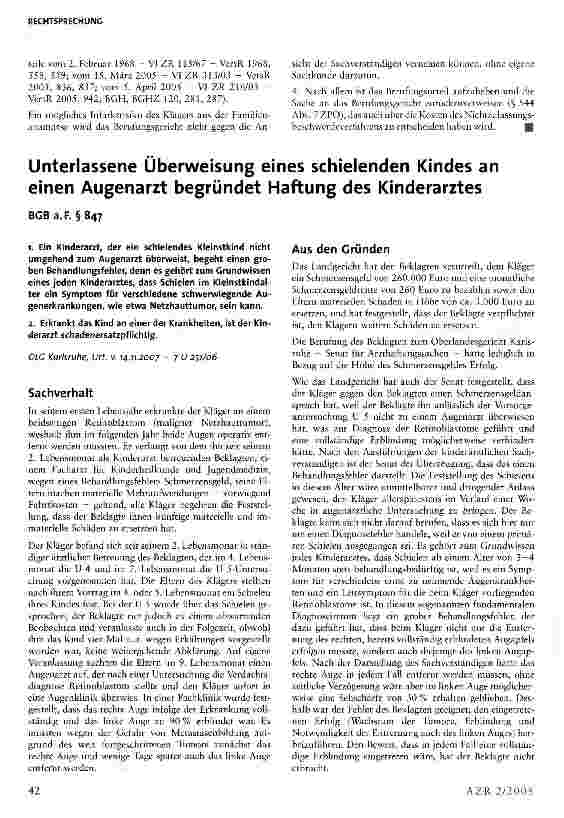 Vorschauseite 3: Unterlassene Überweisung eines schielenden Kindes an einen Augenarzt begründet Haftung des Kinderarztes