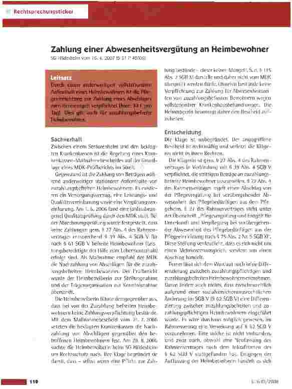 Vorschauseite 1: Zahlung einer Abwesenheitsvergütung an Heimbewohner