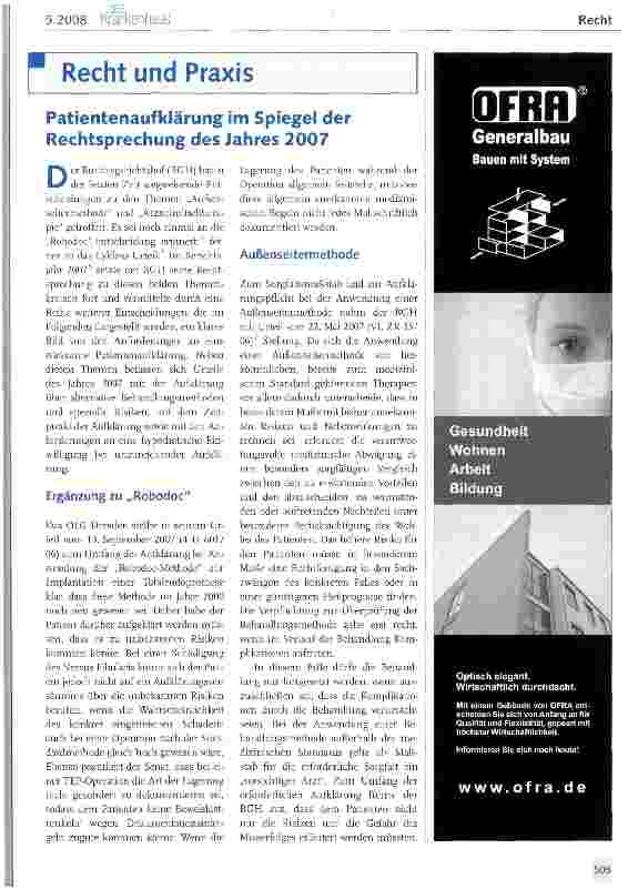 Vorschauseite 1: Patientenaufklärung im Spiegel der Rechtsprechung des Jahres 2007