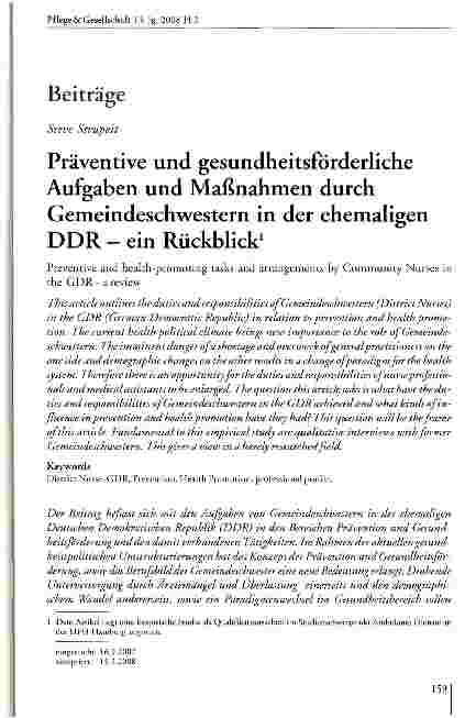Vorschauseite 1: Präventive und gesundheitsförderliche Aufgaben und Maßnahmen durch Gemeindeschwestern in der ehemaligen DDR - ein Rückblick