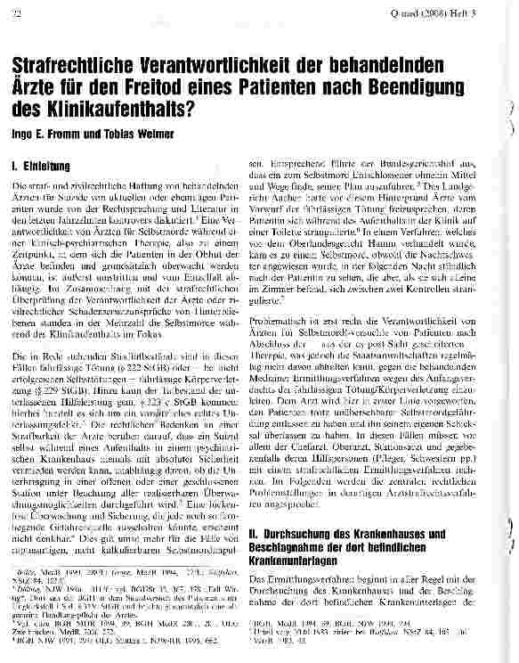 Vorschauseite 1: Strafrechtliche Verantwortlichkeit der behandelnden Ärzte für den Freitod eines Patienten nach Beendigung des Klinikaufenthalts?