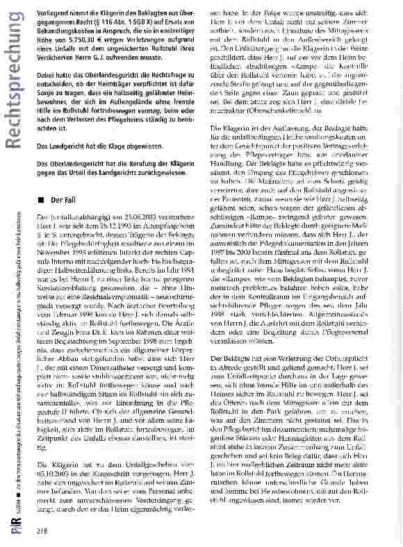 Vorschauseite 2: Zu den Voraussetzungen des Ersatzes von Behandlungskosten wegen Unfallverletzungen eines halbseitig gelähmten Heimbewohners