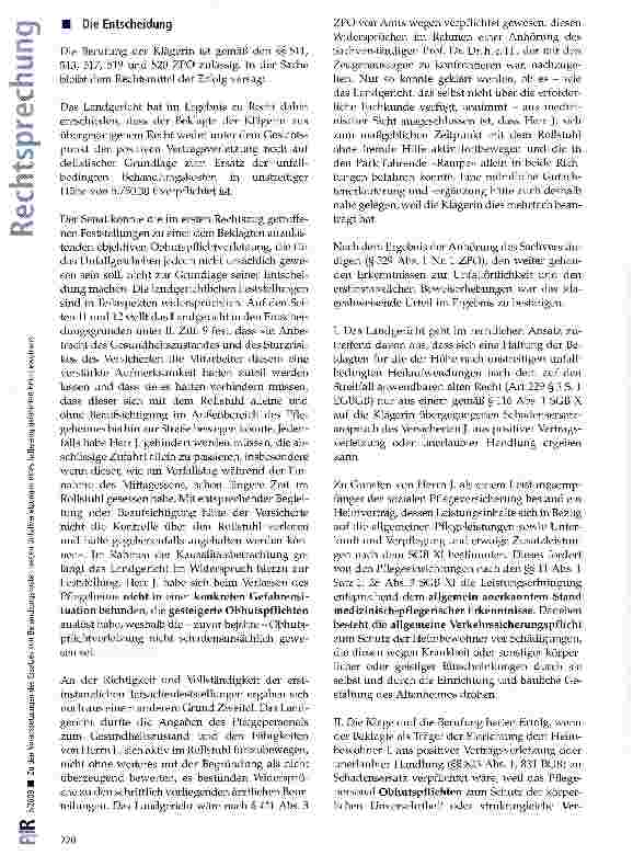 Vorschauseite 4: Zu den Voraussetzungen des Ersatzes von Behandlungskosten wegen Unfallverletzungen eines halbseitig gelähmten Heimbewohners