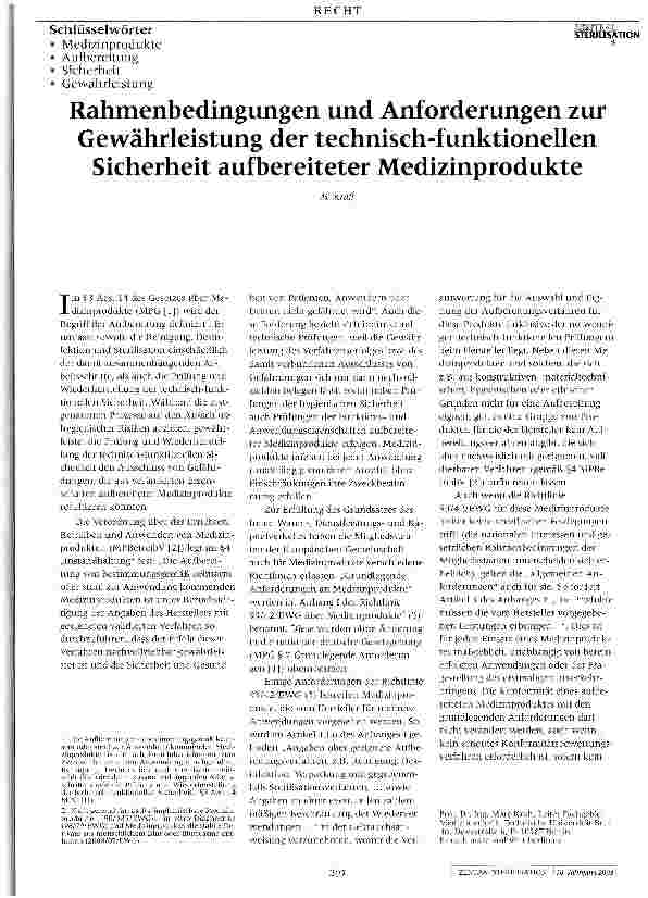 Vorschauseite 1: Rahmenbedingungen und Anforderungen zur Gewährleistung der technisch-funktionellen Sicherheit aufbereiteter Medizinprodukte