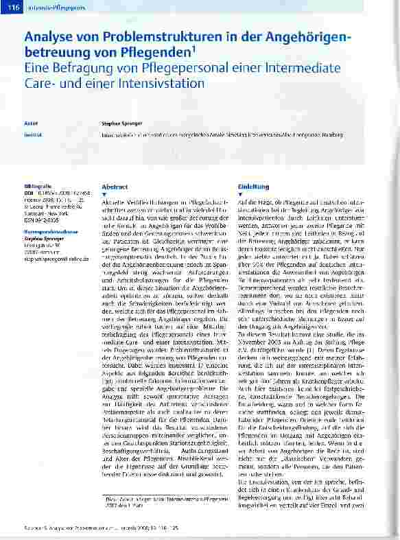 Vorschauseite 1: Analyse von Problemstrukturen in der Angehörigen betreuung von Pflegenden Eine Befragung von Pflegepersonal einer Intermediate Careund einer Intensivstation