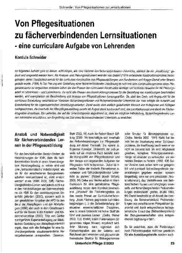 Vorschauseite 1: Von Pflegesituationen zu fächerverbindenden Lernsituationeneine curriculare Aufgabe von Lehrenden