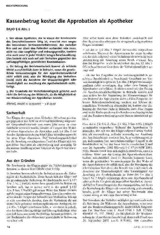 Vorschauseite 1: Kassenbetrug kostet die Approbation als Apotheker