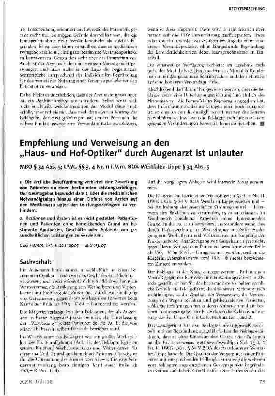 Vorschauseite 1: Empfehlung und Verweisung an den „Hausund Hof-Optiker durch Augenarzt ist unlauter