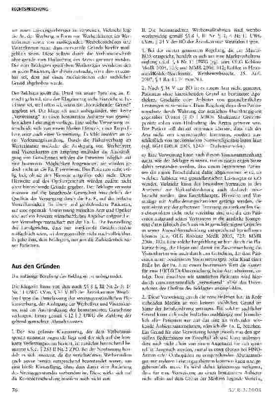 Vorschauseite 2: Empfehlung und Verweisung an den „Hausund Hof-Optiker durch Augenarzt ist unlauter