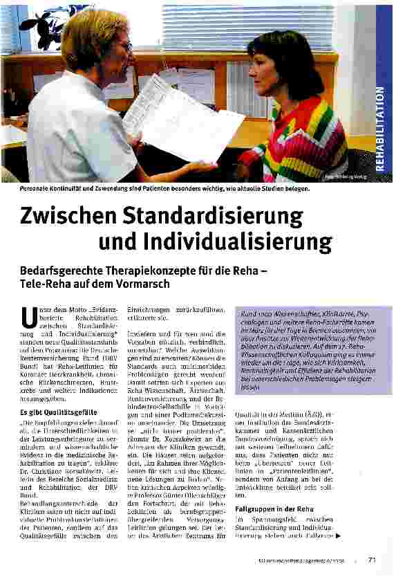 Vorschauseite 1: Zwischen Standardisierung und Individualisierung. Bedarfsgerechte Therapiekonzepte für die Reha -Tele-Reha auf dem Vormarsch