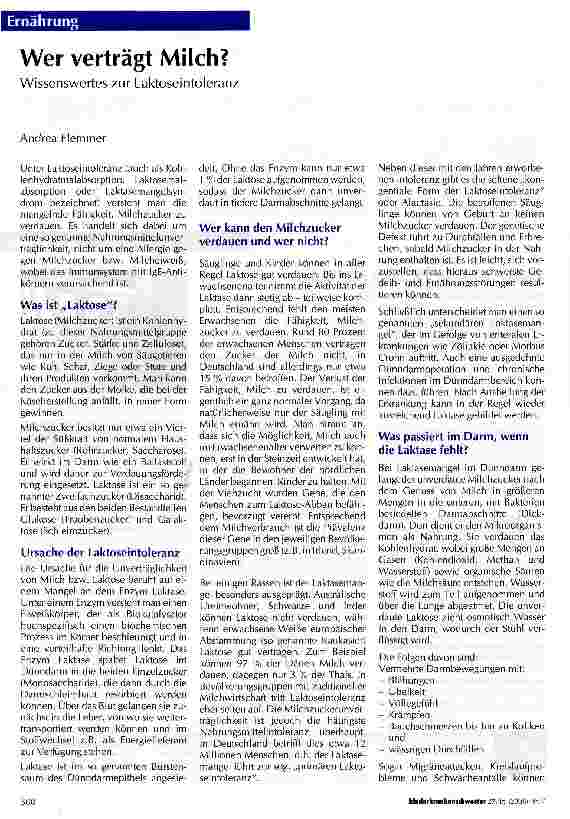 Vorschauseite 1: Wer verträgt Milch? Wissenswertes zur Laktoseintoleranz