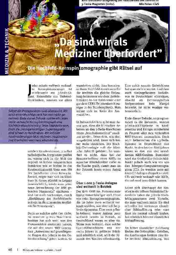 Vorschauseite 1: Da sind wir als Mediziner überfordert. Die Hochfeld-Kernspintomo-graphie gibt Rätsel auf