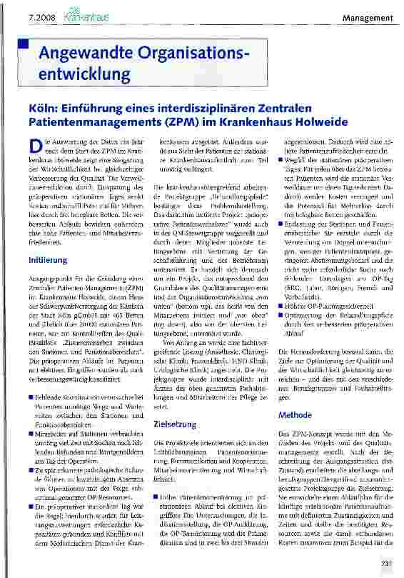 Vorschauseite 1: Angewandte Organisationsentwicklung Köln: Einführung eines interdisziplinären Zentralen Patientenmanagements (ZPAA) im Krankenhaus Holweide