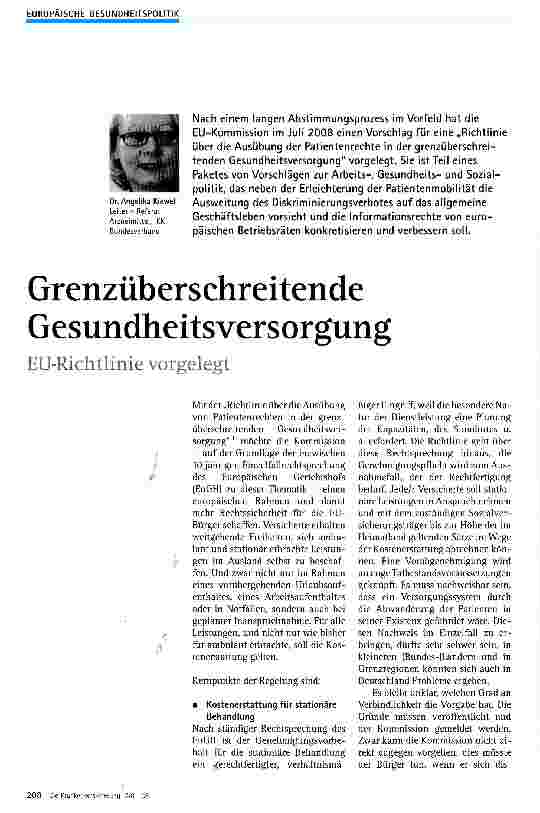 Vorschauseite 1: Grenzüberschreitende GesundheitsversorgungEU-Richtlinie vorgelegt
