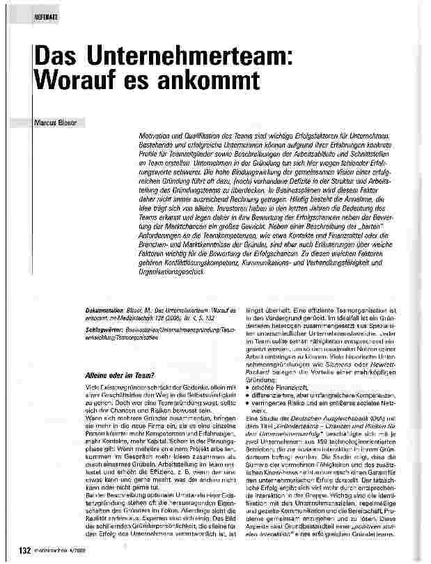 Vorschauseite 1: Das Unternehmerteam: Worauf es ankommt
