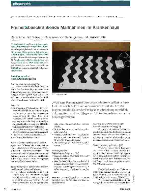 Vorschauseite 1: Freiheitsbeschränkende Maßnahmen im KrankenhausRechtliche Sichtweise an Beispielen von Seitengittern und Sensormatte