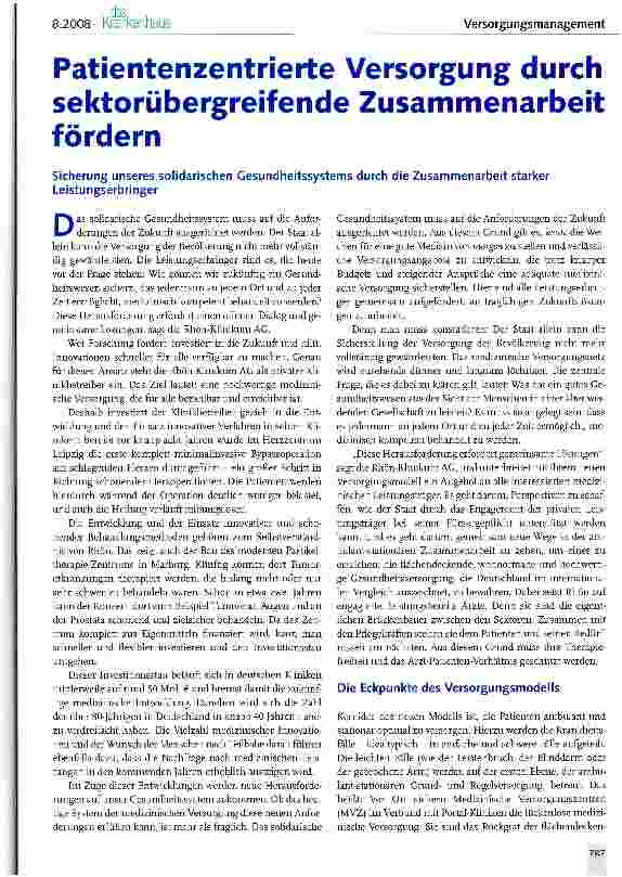 Vorschauseite 1: Patientenzentrierte Versorgung durch sektorübergreifende Zusammen-arbeit fördern Sicherung unseres solidarischen Gesundheitssystems durch die Zusammenarbeit starker Leistungserbri…
