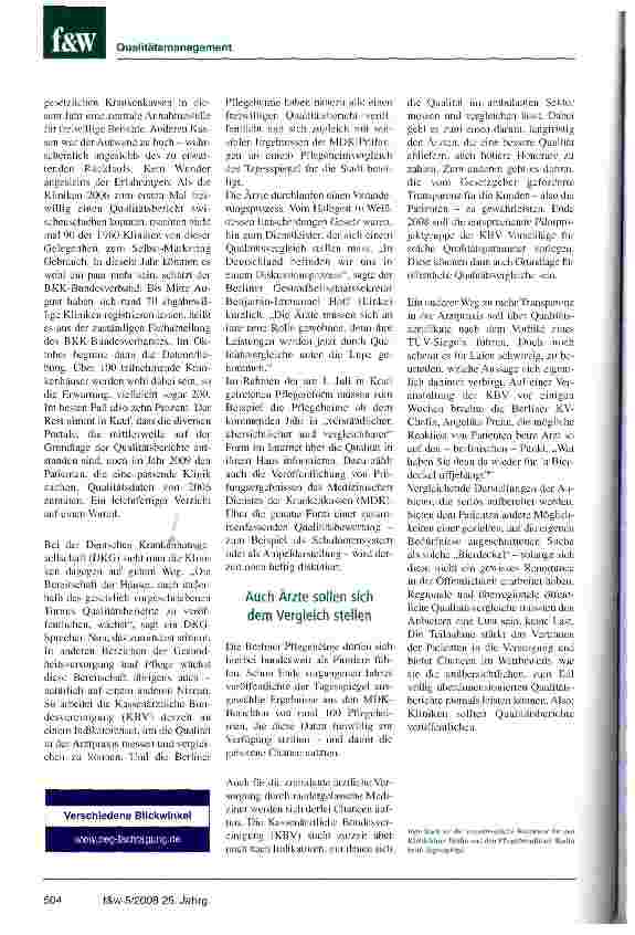 Vorschauseite 3: Der freiwillige Qualitätsbericht als Chance für die KlinikenKrankenhäuser sollten mit Transparenz offensiv in den Wettbewerb starten