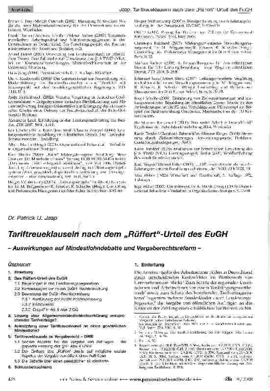 Vorschauseite 1: Tariftreueklauseln nach dem „Rüffert-Urteil des EuGHAuswirkungen auf Mindestlohndebatte und Vergaberechtsreform