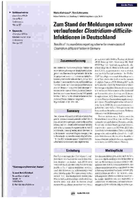 Vorschauseite 1: Zum Stand der Meldungen schwer verlaufender Clostridium-difficile-Infektionen in Deutschland
