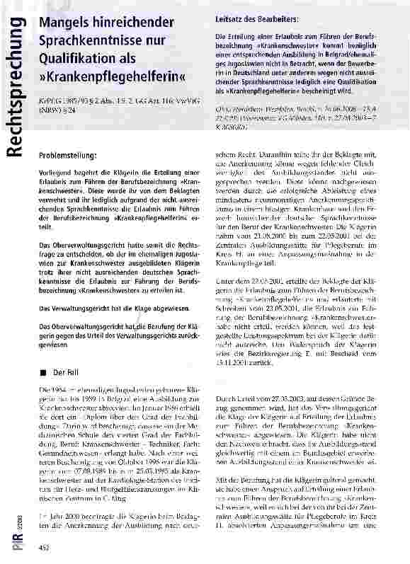 Vorschauseite 1: Mangels hinreichender Sprachkenntnisse nur Qualifikation als »Krankenpflegehelferin«