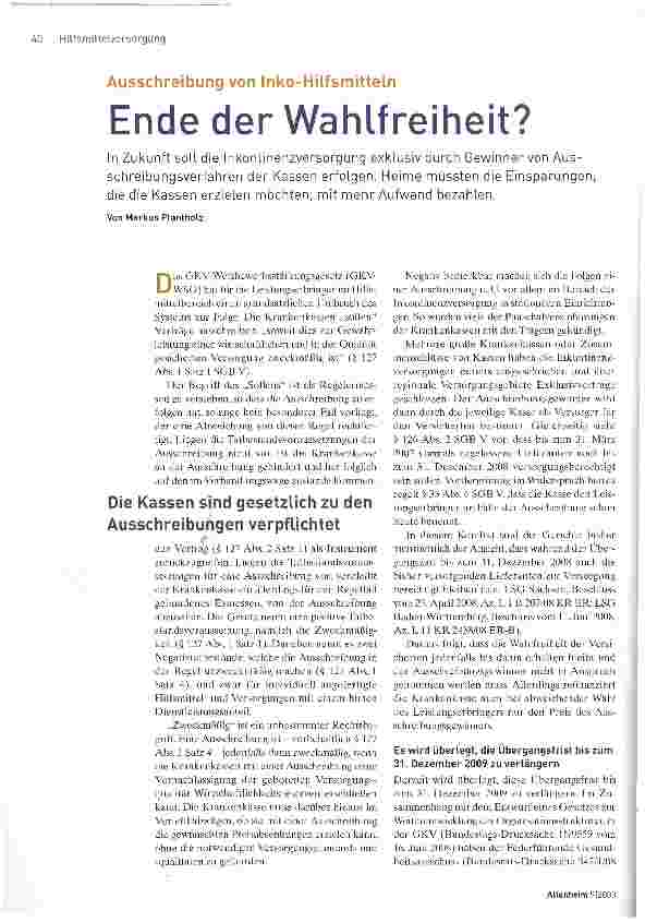 Vorschauseite 1: Ausschreibung von Inko-HilfsmittelnEnde der Wahlfreiheit?